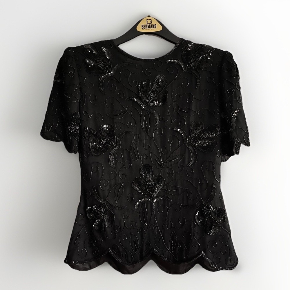 Vintage Stenay Blouse Womens Small Black Beaded Sequin Floral Party Top 90s